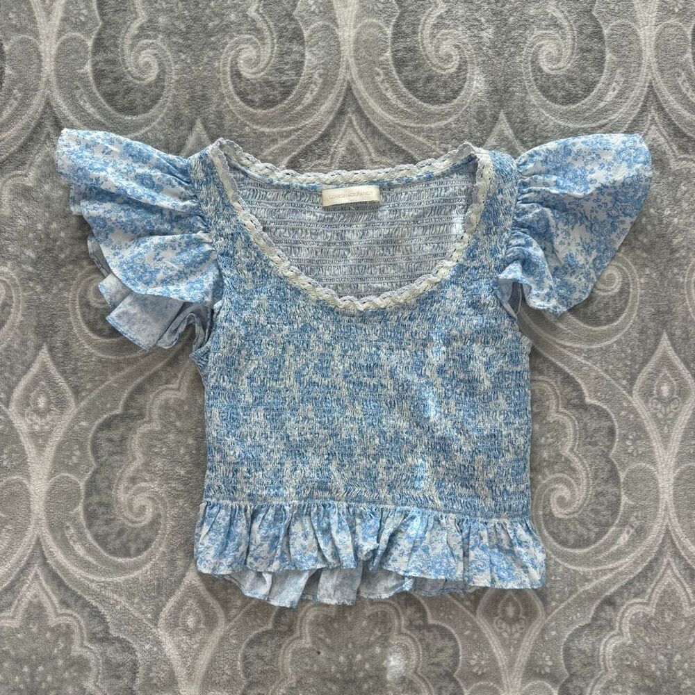 LoveShackFancy Milta Blue Floral Ruffled Cotton Top